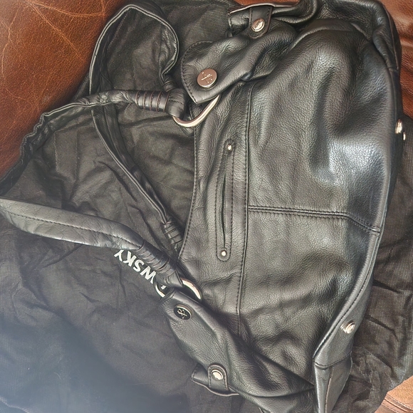 B. Makowsky Black and Silver Leather Shoulder Bag with Slouchy Design - Picture 4 of 4